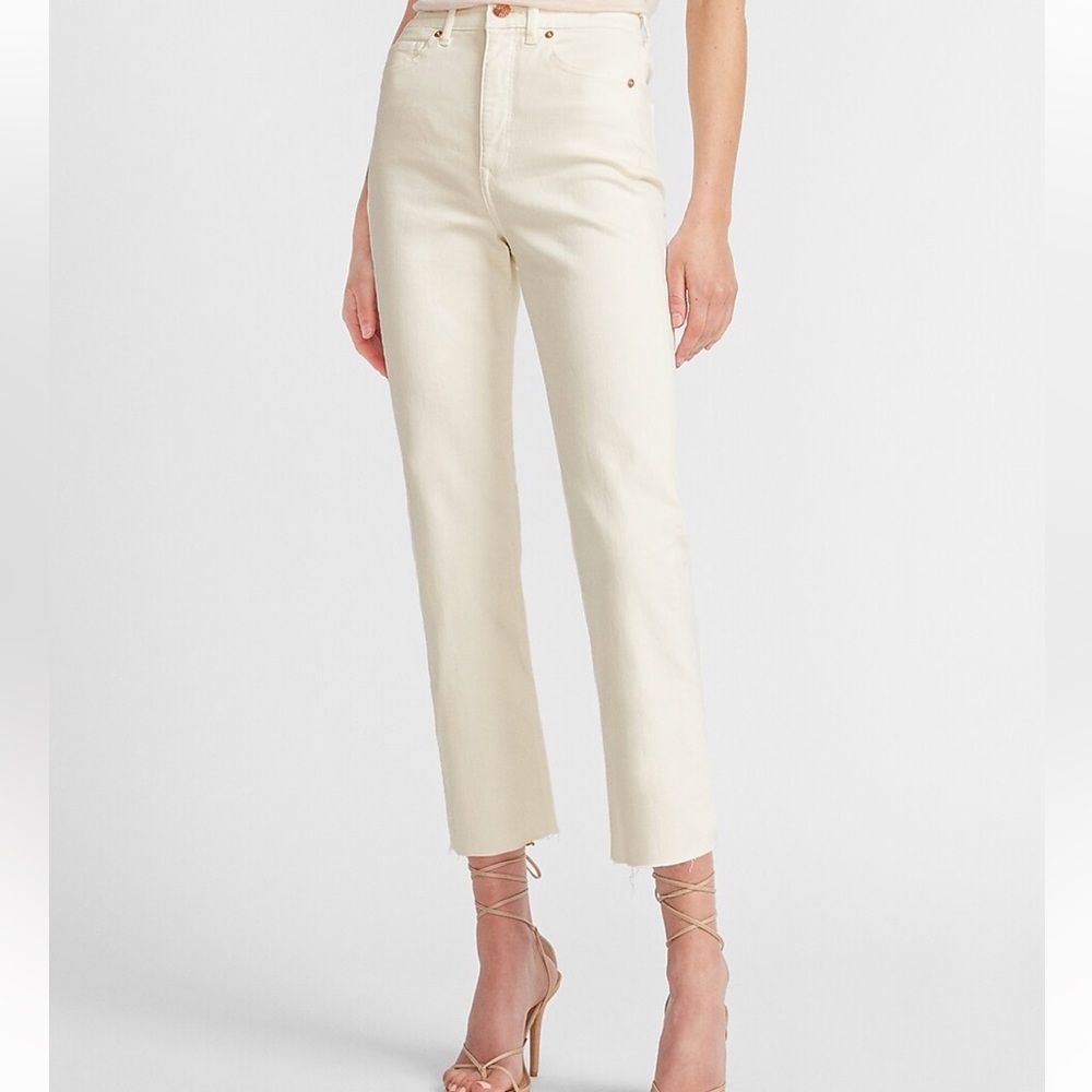 Super High Waisted Off-White Raw Hem Straight Jeans